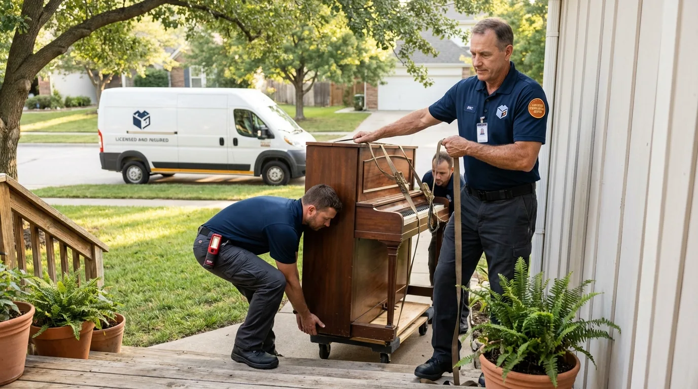 Licensed piano movers securing grand piano in Dell Rapids, SD