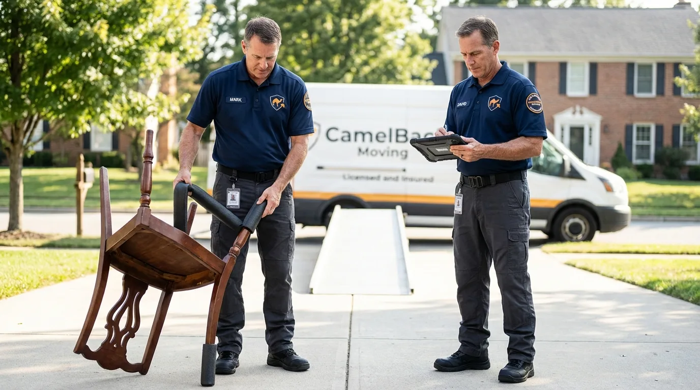 Movers inspecting furniture for damage prevention before loading in Dell Rapids, SD